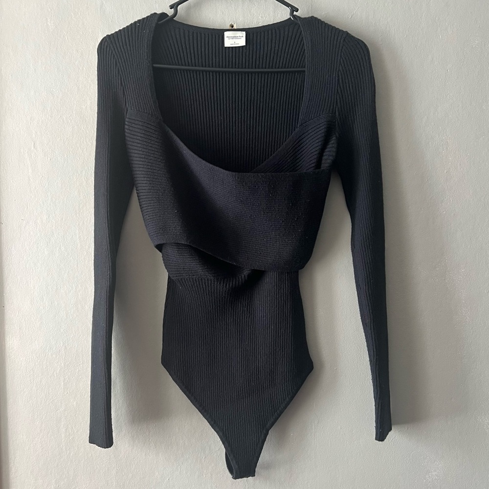 Abercrombie & Fitch Black LuxeLoft Wrap Ribbed Knit Sweater Bodysuit Size M